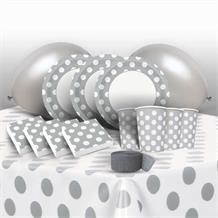 Silver Polka Dot 8 to 48 Guest Premium Party Pack - Tableware | Balloons | Decoration