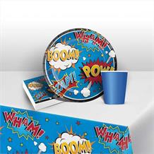 Superhero Slogans Cartoon Party 8 to 48 Guest Starter Party Pack - Tablecover | Cups | Plates | Napkins