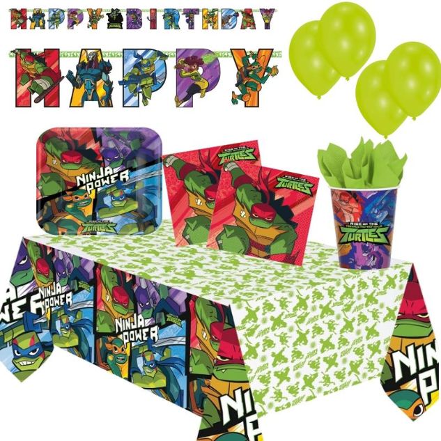 Teenage Mutant Ninja Turtles TMNT Birthday Party Bundle Pack includes 16  Dessert Cake Plates, 16 Napkins, 1 Table Cover, 1 Happy Birthday Banner, 1