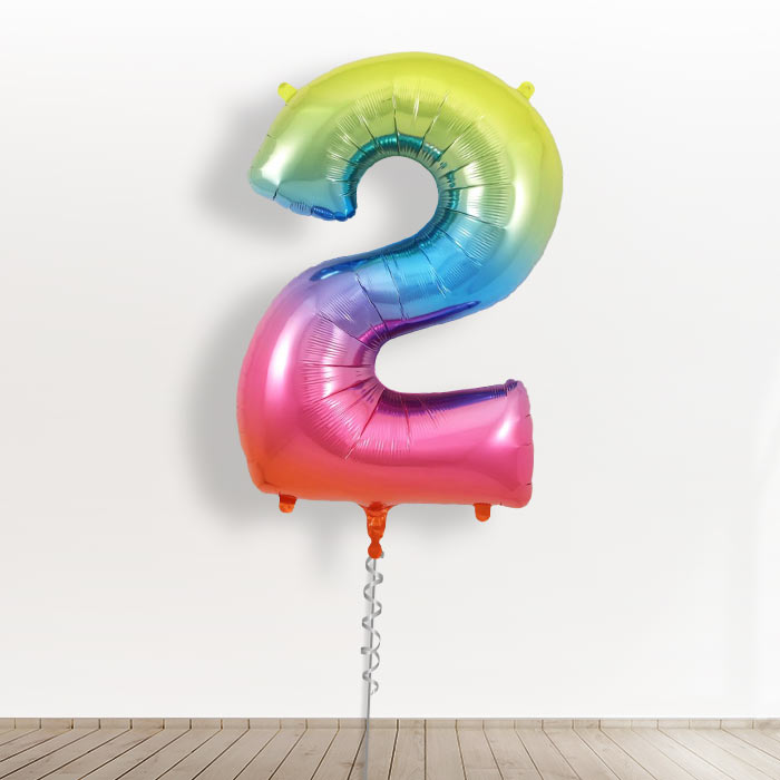 Inflated with Helium Rainbow Coloured Giant Number 2 Balloon-Collect from Store Only