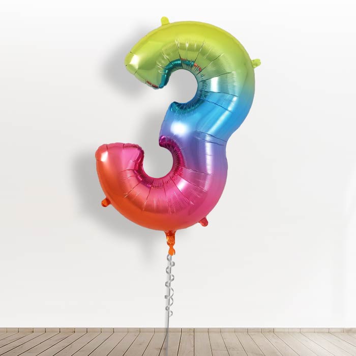 Inflated with Helium Rainbow Coloured Giant Number 3 Balloon-Collect from Store Only