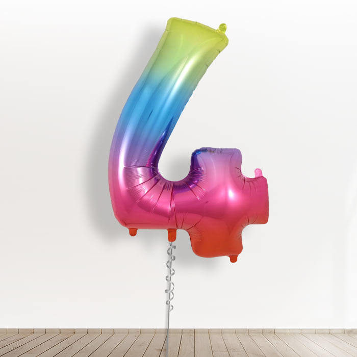 Inflated with Helium Rainbow Coloured Giant Number 4 Balloon-Collect from Store Only