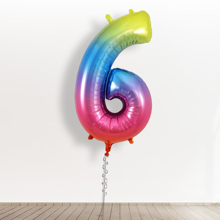 Inflated with Helium Rainbow Coloured Giant Number 6 Balloon-Collect from Store Only