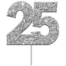 Silver 25 Numeral Glitter Cupcake Pick Toppers
