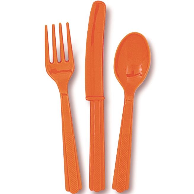 Orange Knife, Fork and Spoon Plastic Party Cutlery Set