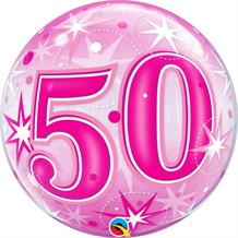 Age 50 Pink Starburst 22" Qualatex Bubble Party Balloon