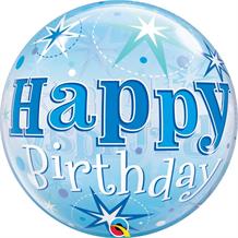 Blue Starburst Happy Birthday 22" Qualatex Bubble Party Balloon