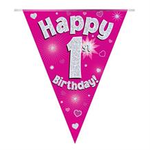 Pink Heart Happy 1st Birthday Foil Flag | Bunting Banner | Decoration