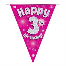 Pink Heart Happy 3rd Birthday Foil Flag | Bunting Banner | Decoration