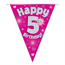 Pink Heart Happy 5th Birthday Foil Flag | Bunting Banner | Decoration