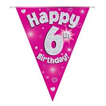Pink Heart Happy 6th Birthday Foil Flag | Bunting Banner | Decoration
