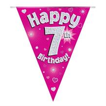 Pink Heart Happy 7th Birthday Foil Flag | Bunting Banner | Decoration