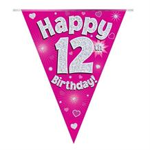Pink Heart Happy 12th Birthday Foil Flag | Bunting Banner | Decoration