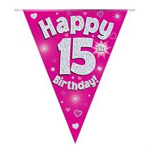 Pink Heart Happy 15th Birthday Foil Flag | Bunting Banner | Decoration