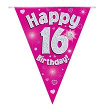 Pink Heart Happy 16th Birthday Foil Flag | Bunting Banner | Decoration