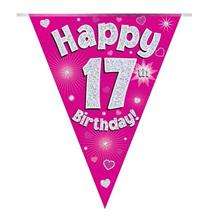 Pink Heart Happy 17th Birthday Foil Flag | Bunting Banner | Decoration