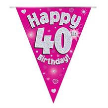 Pink Heart Happy 40th Birthday Foil Flag | Bunting Banner | Decoration