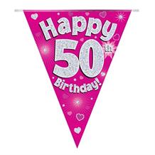 Pink Heart Happy 50th Birthday Foil Flag | Bunting Banner | Decoration