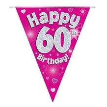 Pink Heart Happy 60th Birthday Foil Flag | Bunting Banner | Decoration