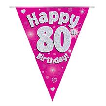 Pink Heart Happy 80th Birthday Foil Flag | Bunting Banner | Decoration