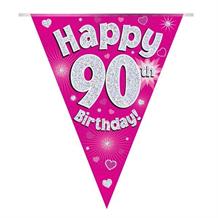 Pink Heart Happy 90th Birthday Foil Flag | Bunting Banner | Decoration