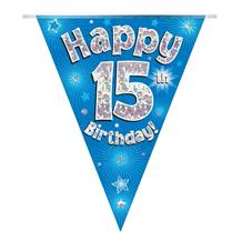 Blue Star Happy 15th Birthday Foil Flag | Bunting Banner | Decoration