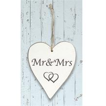 Wooden Heart Whitewash Mr and Mrs Hanging Heart Decoration