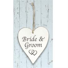 Wooden Heart Whitewash Bride and Groom Hanging Heart Decoration