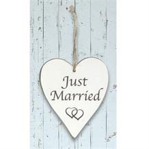 Wooden Heart Whitewash Just Married Hanging Heart Decoration