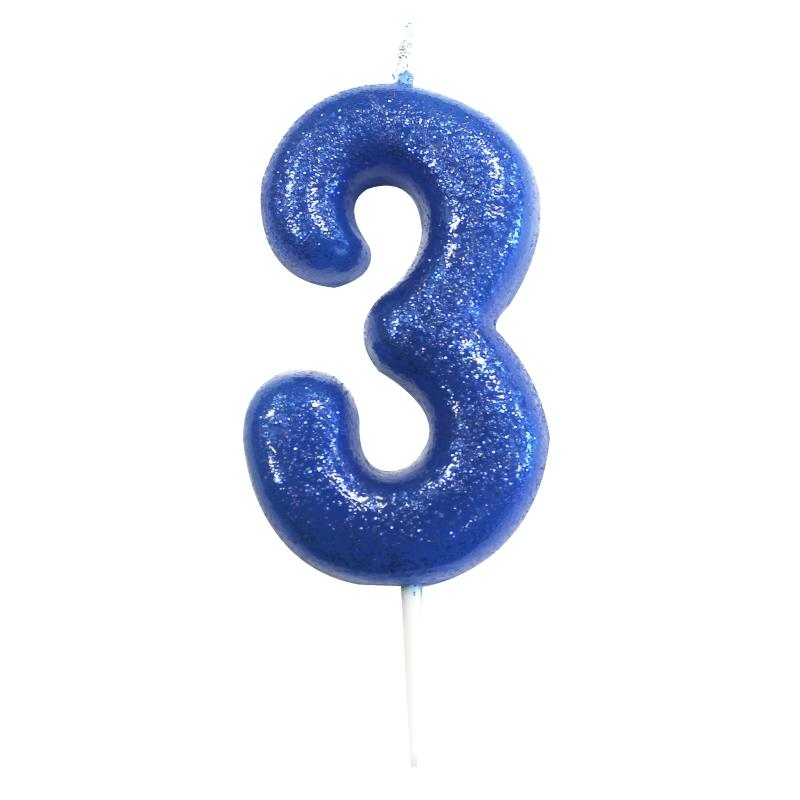 Blue Glitter Number 3 Birthday Cake Candle | Decoration