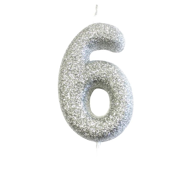 Silver Glitter Number 6 Birthday Cake Candle | Decoration