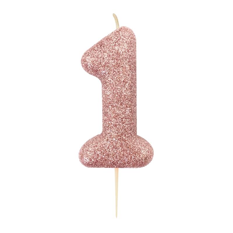 Rose Gold Glitter Number 1 Birthday Cake Candle | Decoration