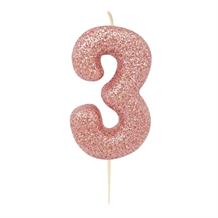 Rose Gold Glitter Number 3 Birthday Cake Candle | Decoration
