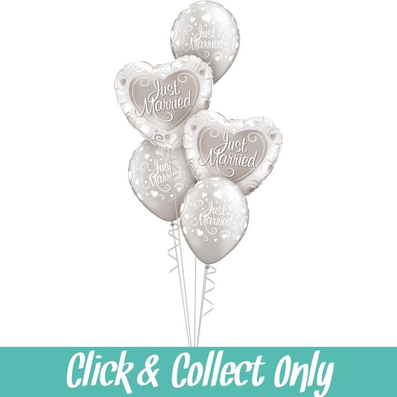 Букет из 5 воздушных шаров Just Married Silver Wedding Heart Inflated 5 Balloon Bouquet