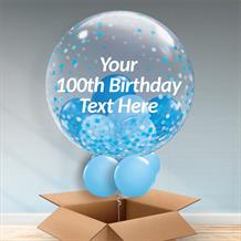 Personalisable Inflated Blue Confetti Dots 100th Birthday Balloon Filled Bubble Balloon in a Box