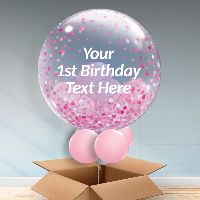 Pink Personalised 1st Birthday Bubble Balloon | Party Save SmileInflated Pink Confetti Dots | Baby Shower | 1st Birthday Balloon Filled Bubble Balloon in a Box