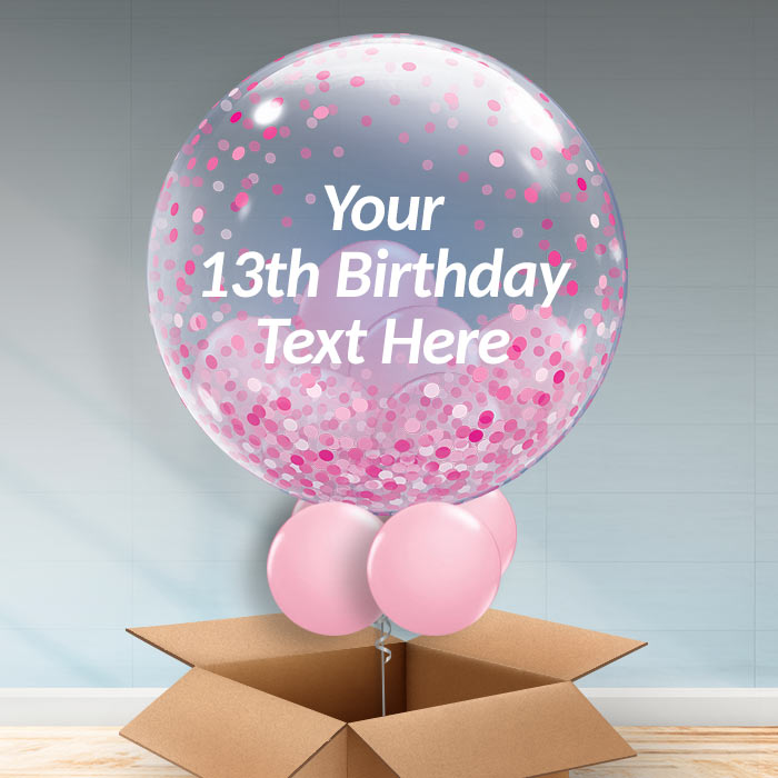 Personalisable Inflated Pink Confetti Dots 13th Birthday Balloon Filled Bubble Balloon in a Box