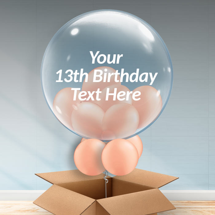 Personalisable Inflated Rose Gold 13th Birthday Balloon Filled Bubble Balloon in a Box