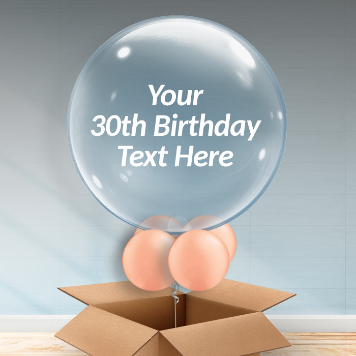 Personalisable Inflated Rose Gold 30th Birthday Bubble Balloon in a Box