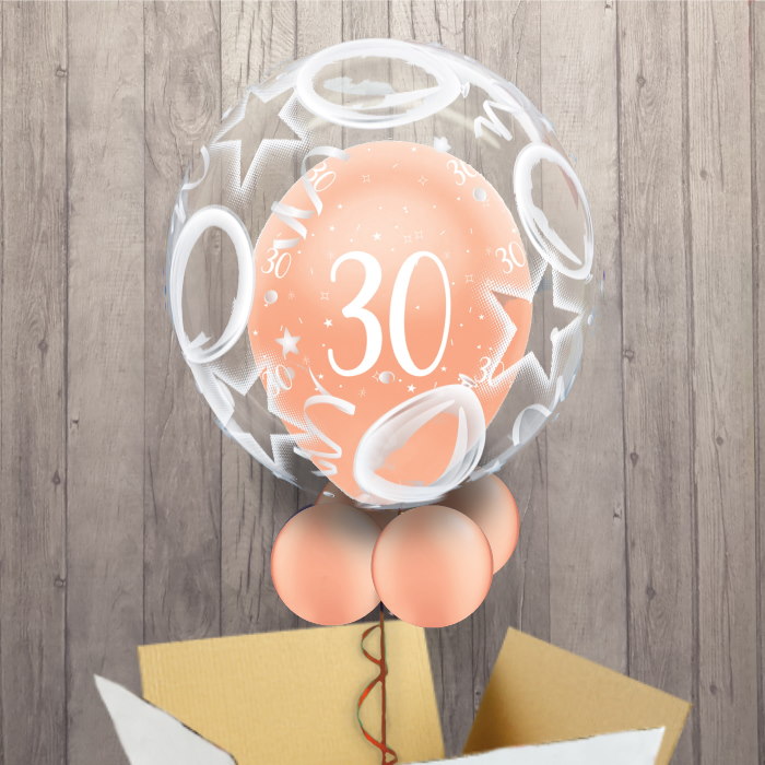 Personalisable Inflated Rose Gold Pearlescent 30th Birthday | Birthday Balloons and Stars Balloon Filled Bubble Balloon in a Box