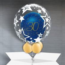 Personalisable Inflated Navy Blue and Gold Geode 30th Birthday | Stars Balloon Filled Bubble Balloon in a Box