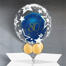 Personalisable Inflated Navy Blue and Gold Geode 80th Birthday | Stars Balloon Filled Bubble Balloon in a Box