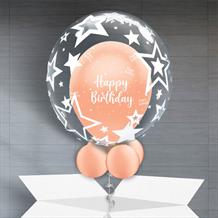 Personalisable Inflated Rose Gold Pearlescent Happy Birthday | Stars Balloon Filled Bubble Balloon in a Box