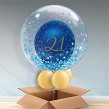 Personalisable Inflated Navy Blue and Gold Geode 21st Birthday | Blue Confetti Dots Balloon Filled Bubble Balloon in a Box