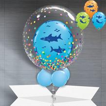 Personalisable Inflated Sharks | Multicoloured | Rainbow Confetti Dots Balloon Filled Bubble Balloon in a Box