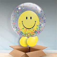 Personalisable Inflated Large Smiley Face | Multicoloured  | Rainbow Confetti Dots Balloon Filled Bubble Balloon in a Box