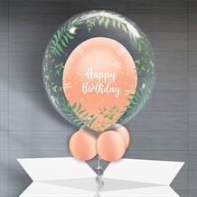 Personalisable Inflated Rose Gold Pearlescent Happy Birthday | Elegant Greenery Balloon Filled Bubble Balloon in a Box