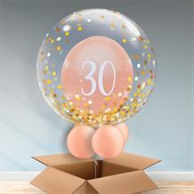 Personalisable Inflated Rose Gold Pearlescent 30th Birthday | Gold Confetti Dots Balloon Filled Bubble Balloon in a Box