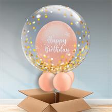 Personalisable Inflated Rose Gold Pearlescent Happy Birthday | Gold Confetti Dots Balloon Filled Bubble Balloon in a Box
