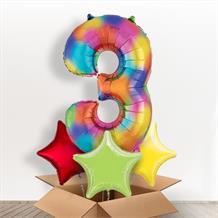 Rainbow Coloured Splash Giant Number 3 Balloon in a Box Gift